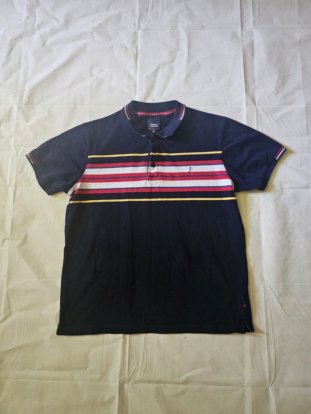 Indian Terrain Navy Polo with Red, White & Yellow Stripes